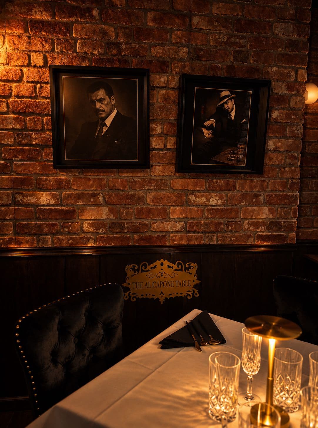 Two black-and-white film portraits above a tufted leather chair and the Al Capone Table plaque