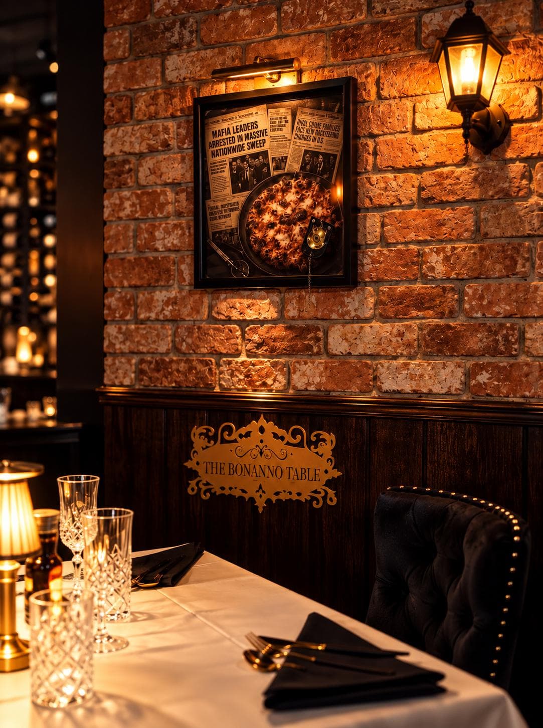 The Bonanno Table: a gold plaque on the wainscot under a framed collage of old mafia headlines and a pizza, lit by a lantern