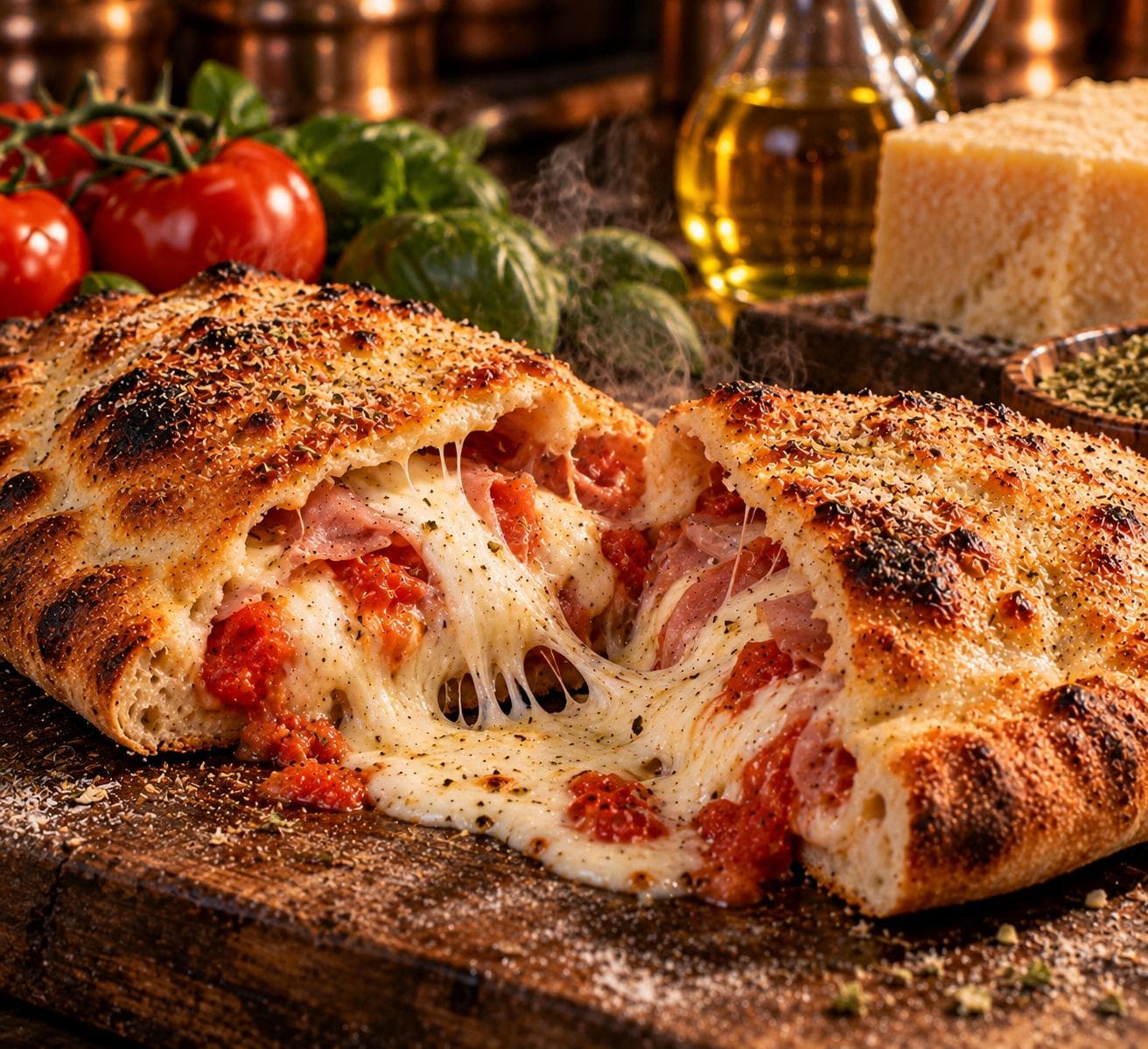 A calzone cut in half, mozzarella stretching between ham and tomato