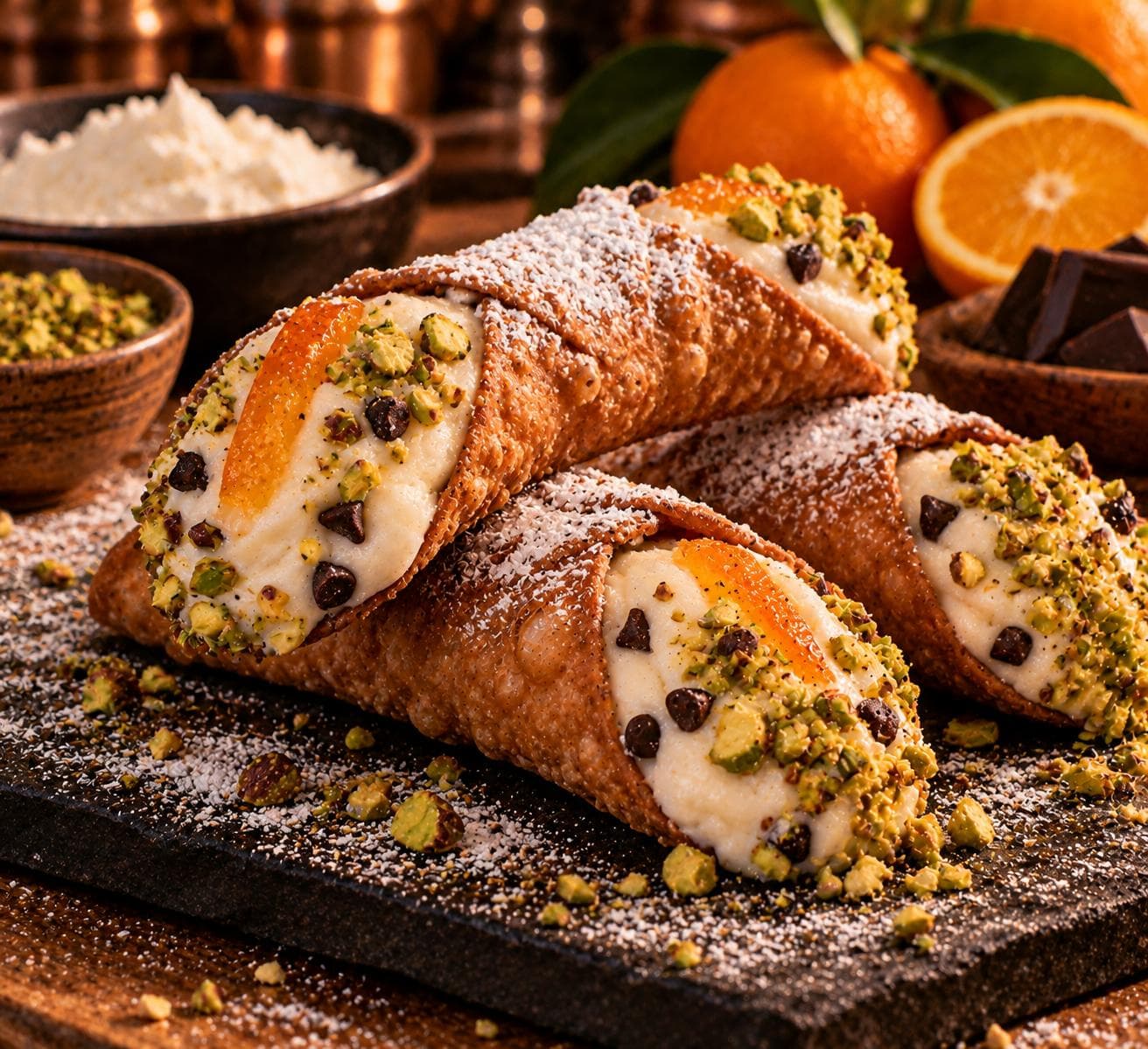 Sicilian cannoli filled with ricotta, chocolate chips, pistachio and candied orange