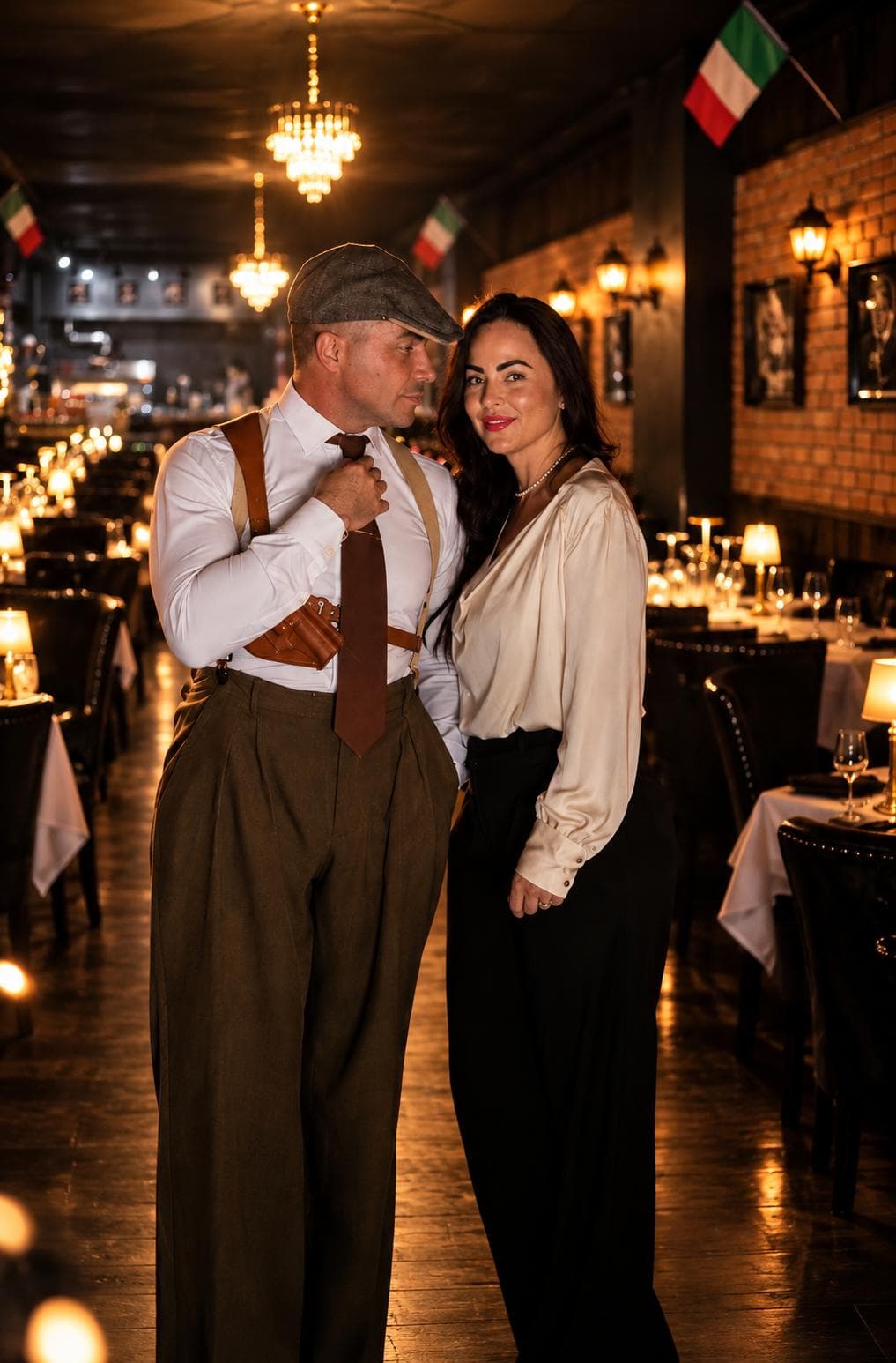 A man in a flat cap and shoulder holster beside a woman in a cream silk blouse, under the chandeliers of the dining room