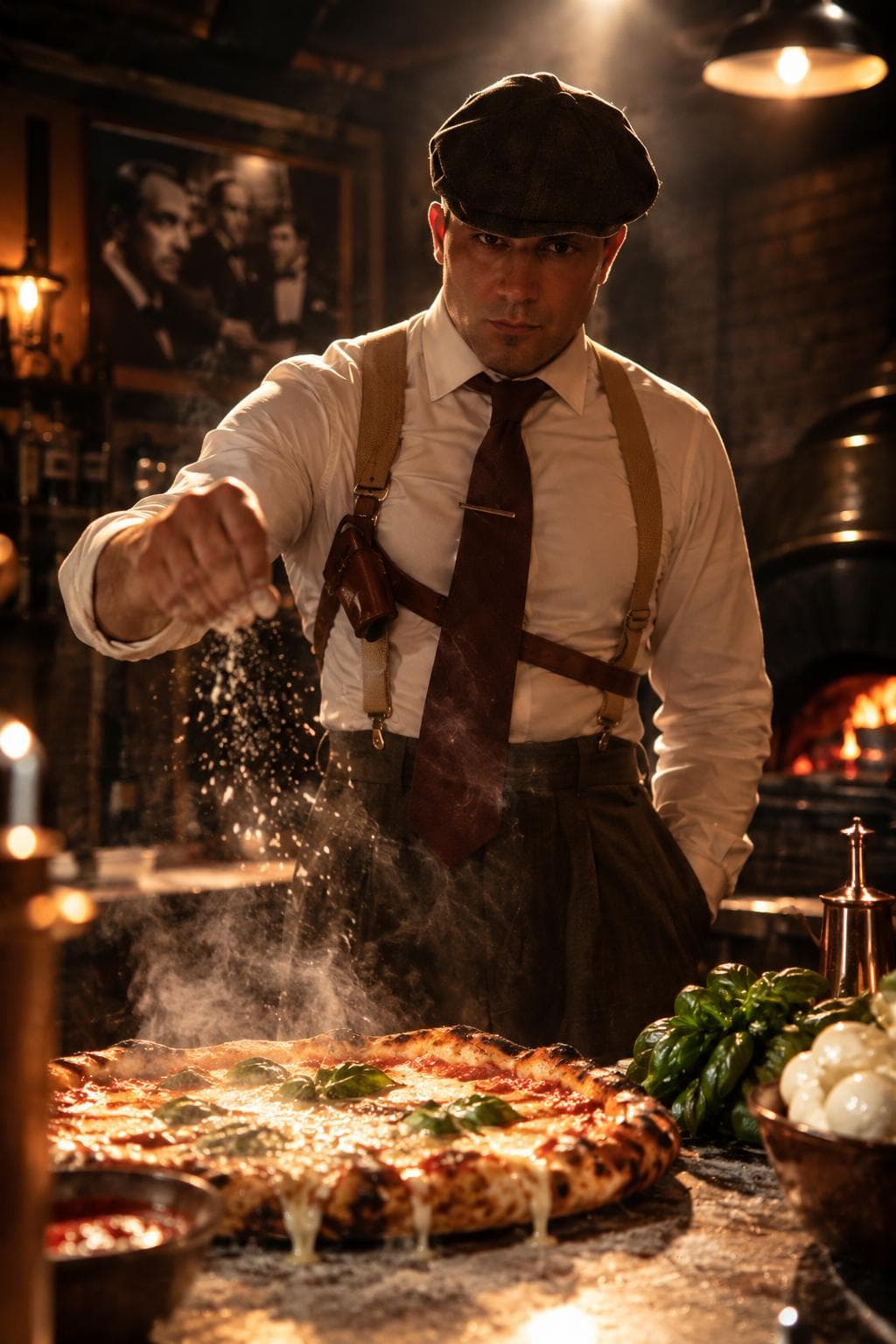 A man in a flat cap and suspenders scattering cheese over a pizza, the oven glowing behind him