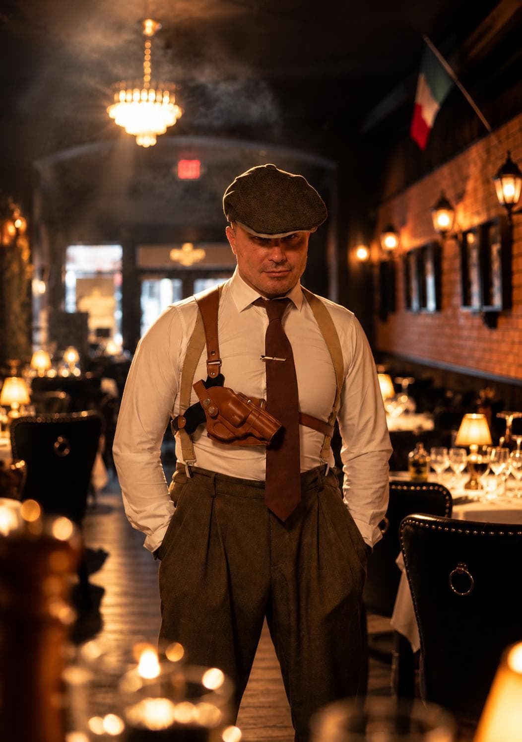 A man dressed as a 1930s gangster, flat cap, tie and shoulder holster, standing in the candlelit dining room