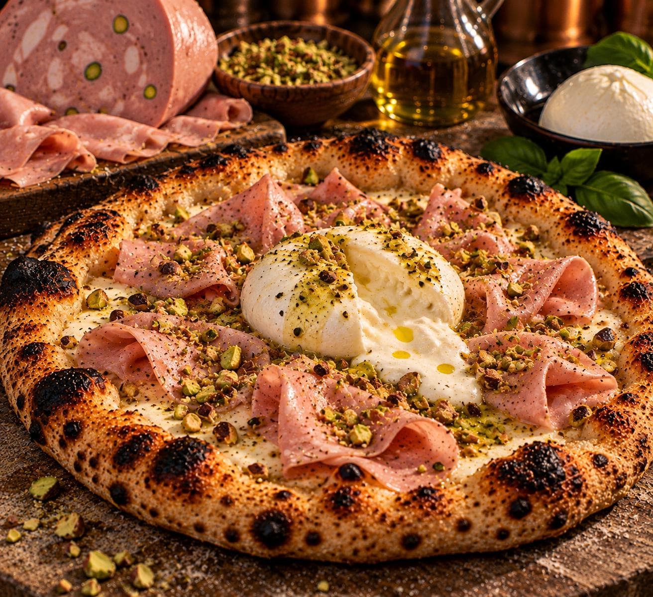 A pizza with mortadella, burrata and crushed pistachio, the crust charred at the edges